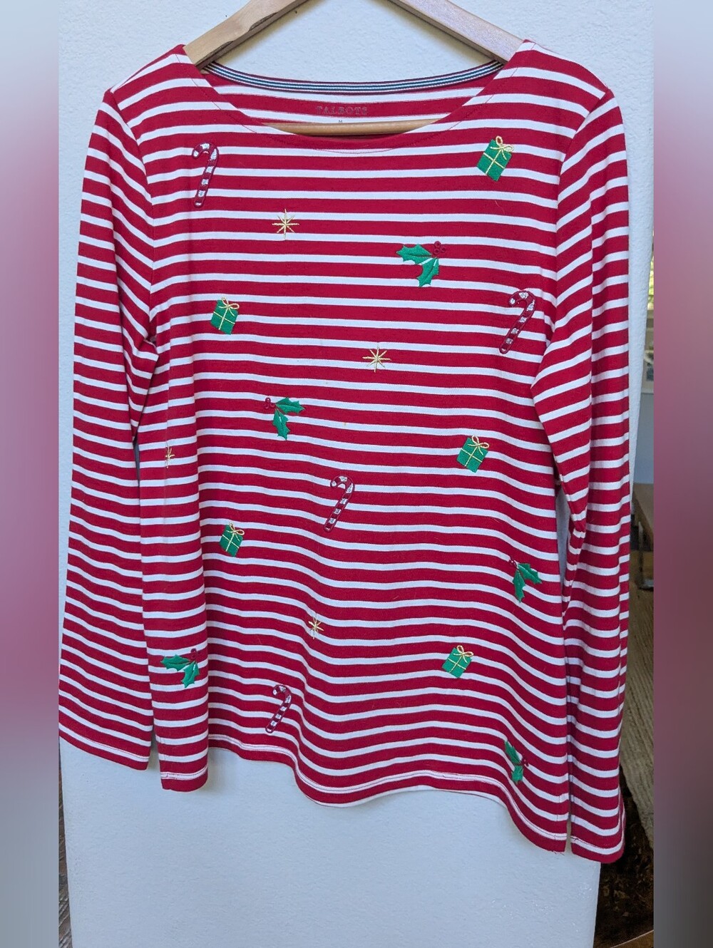 Talbots Women's Red & White Striped Holiday Long-Sleeve Top